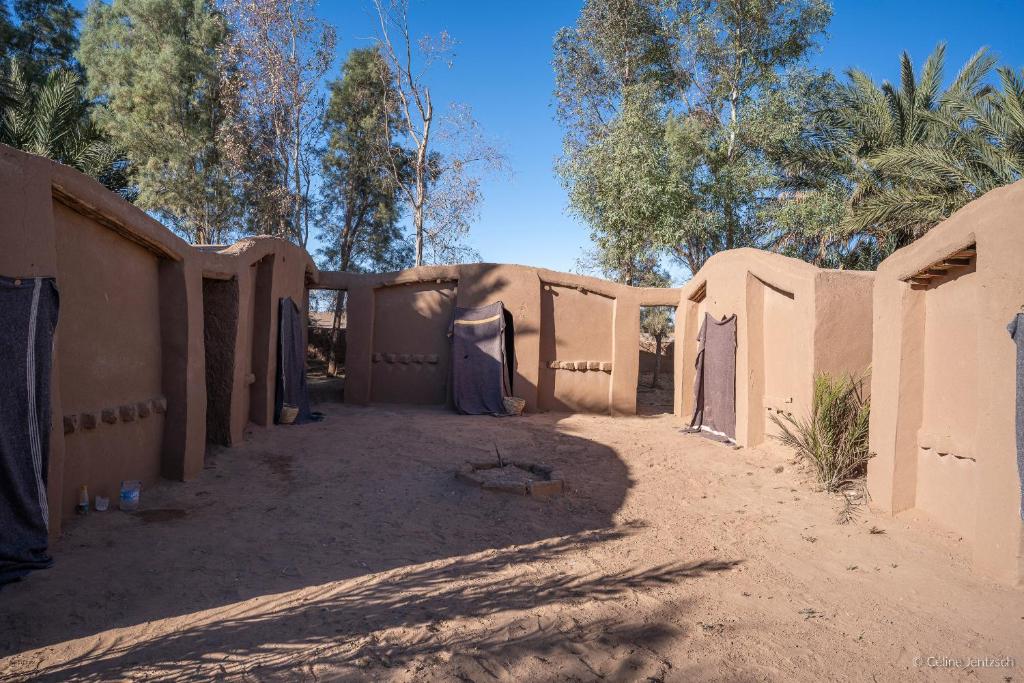 un edificio nel deserto con alberi sullo sfondo di Oasis source de vie a M'Hamid