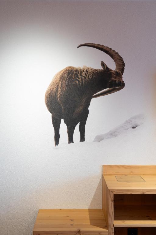 a ram on the wall in a room at Hotel Les Chamois in Verbier