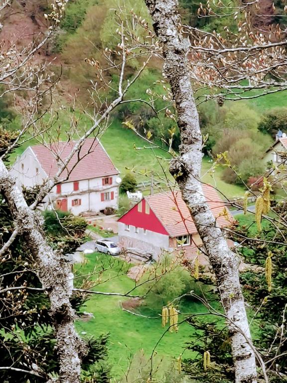 une vue aérienne d'une maison au toit rouge dans l'établissement Laĝggggg, à Walscheid