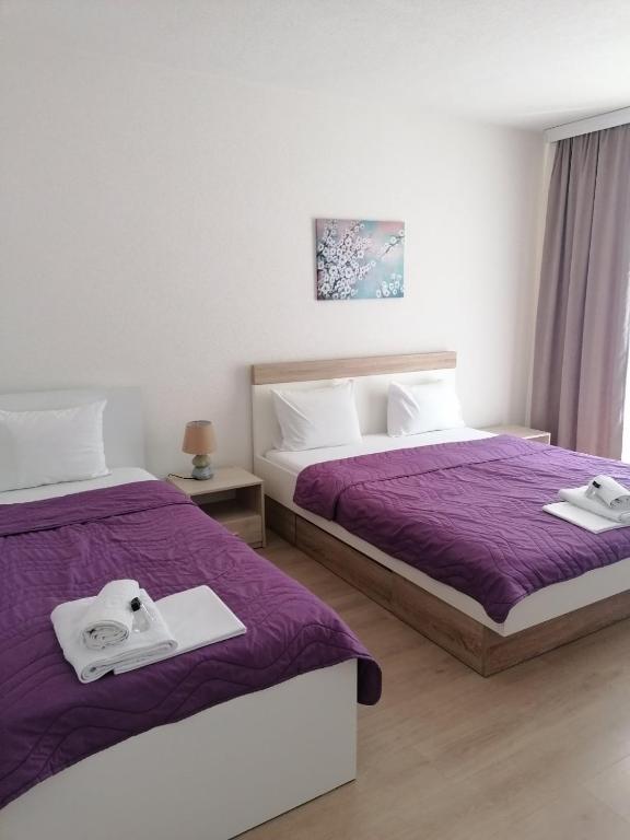 two beds in a hotel room with purple sheets at Petroski Apartments in Ohrid