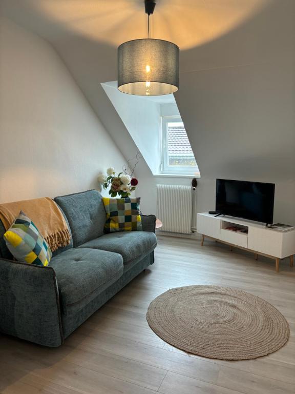 un salon avec un canapé et une télévision dans l'établissement La Mulhousienne F3 Centre ville, à Mulhouse