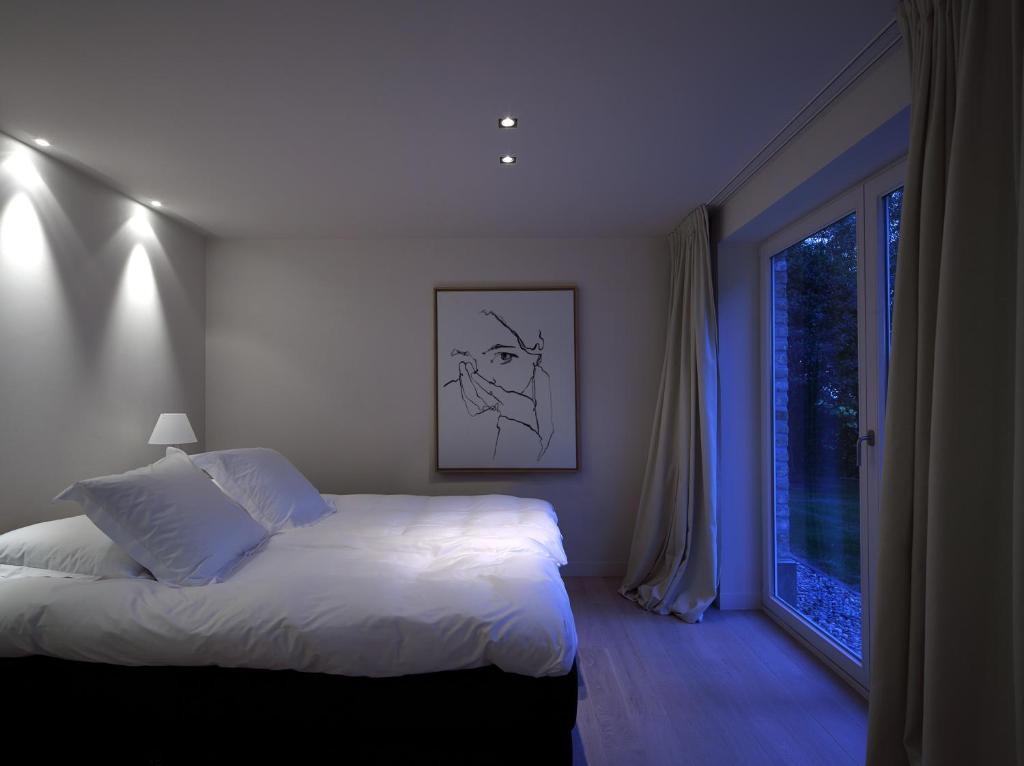 a bedroom with a bed and a large window at B&B Spoor62 in Gistel