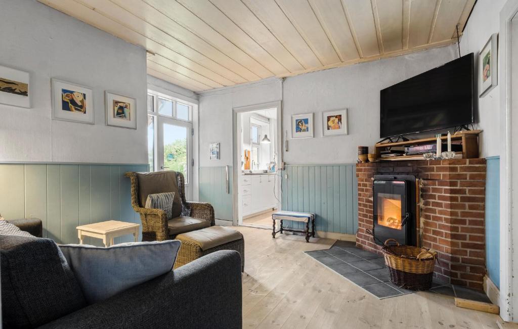 ein Wohnzimmer mit Kamin und Fernseher in der Unterkunft Stunning Home In Sjællands Odde in Yderby