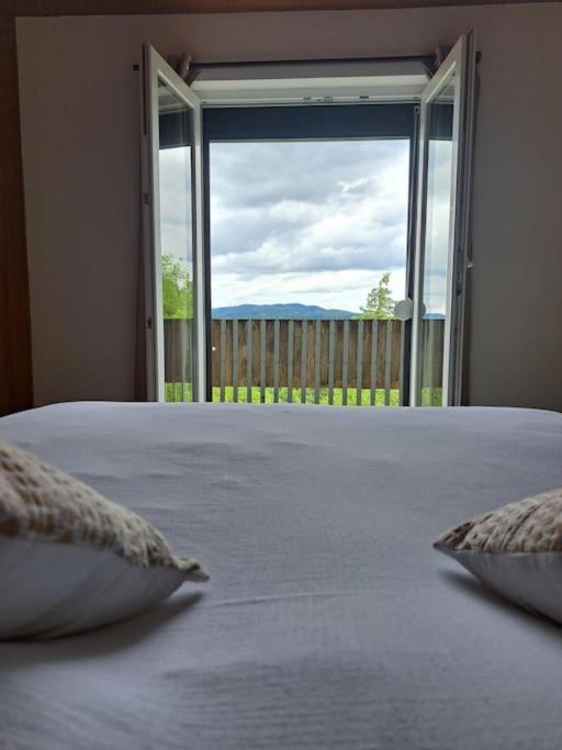 - un lit avec deux oreillers dans une chambre dotée d'une fenêtre dans l'établissement Maison La Roche du Miroir, à Plaimbois-du Miroir