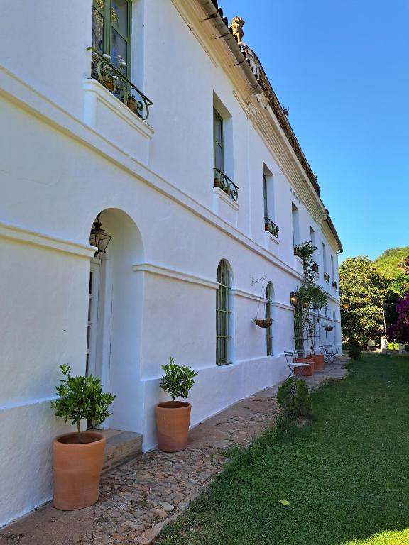 un edificio blanco con macetas al costado. en Finca La Favorita- Suites, en Constantina
