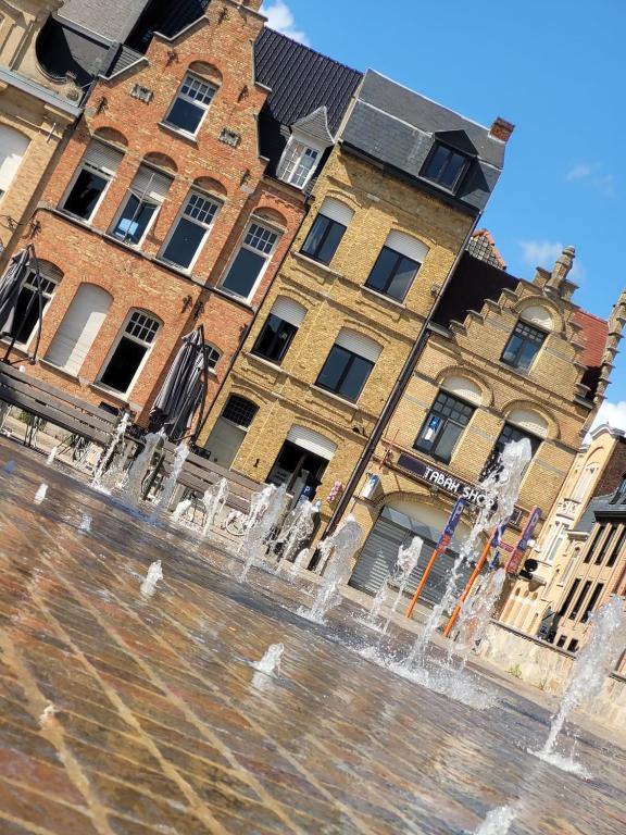 a water fountain in front of a building at Holiday Home Alice House in Ieper