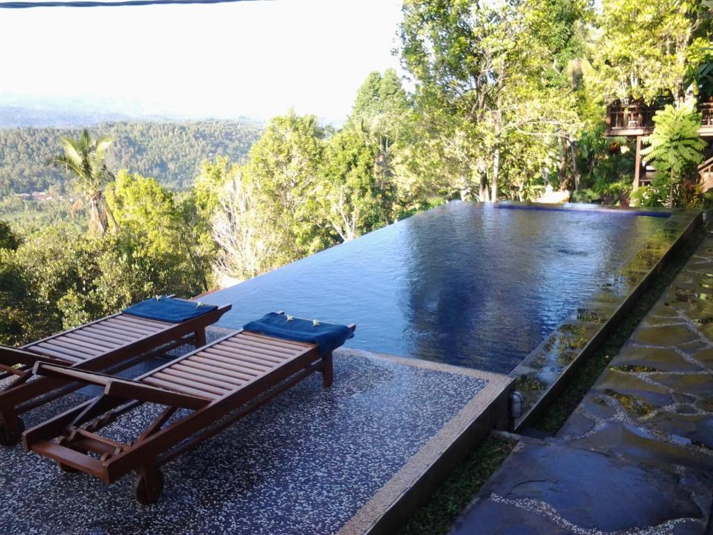 - une piscine d'eau avec 2 tables de pique-nique à côté dans l'établissement Bali Rahayu Homestay, à Munduk