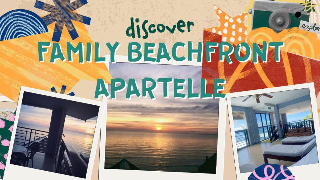 Un collage de fotos de una casa con las palabras descubrir familia frente a la playa aprendiz en Family Beachfront Apartelle, en Sibulan