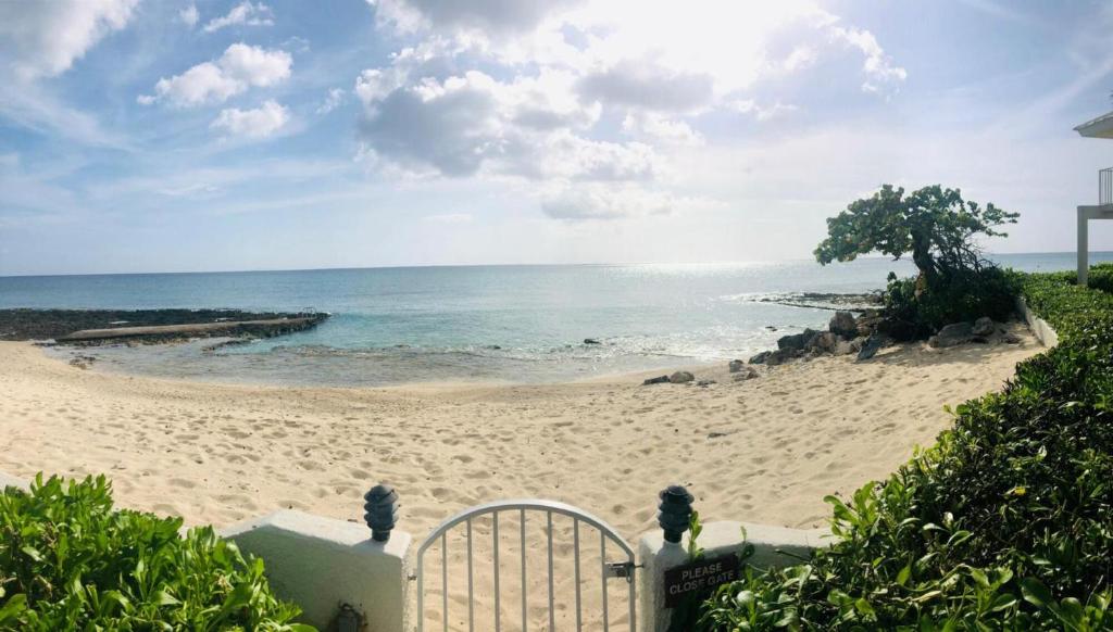 a view of a beach with a gate and the ocean at 7Mile Beachfront Apartment in George Town