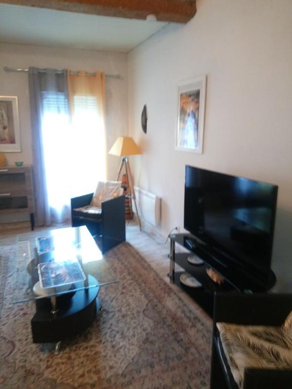 un salon avec une grande télévision à écran plat dans l'établissement Spacieux loft mas lisa, à Vingrau