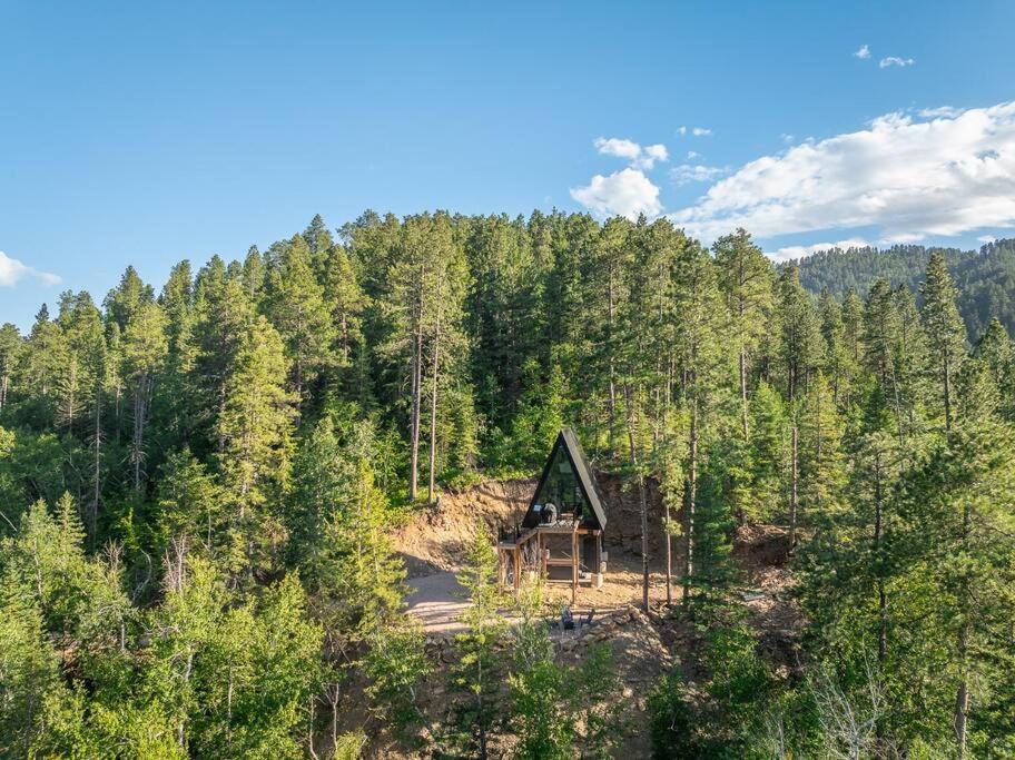 an overhead view of a cabin in the middle of a forest at Pines Cabin- A-Frame- Hot Tub-Sauna- Firepit in Woodville