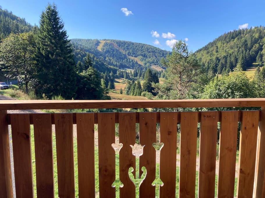 une clôture en bois avec vue sur la montagne dans l'établissement L'appart des familles sportives!, à La Bresse