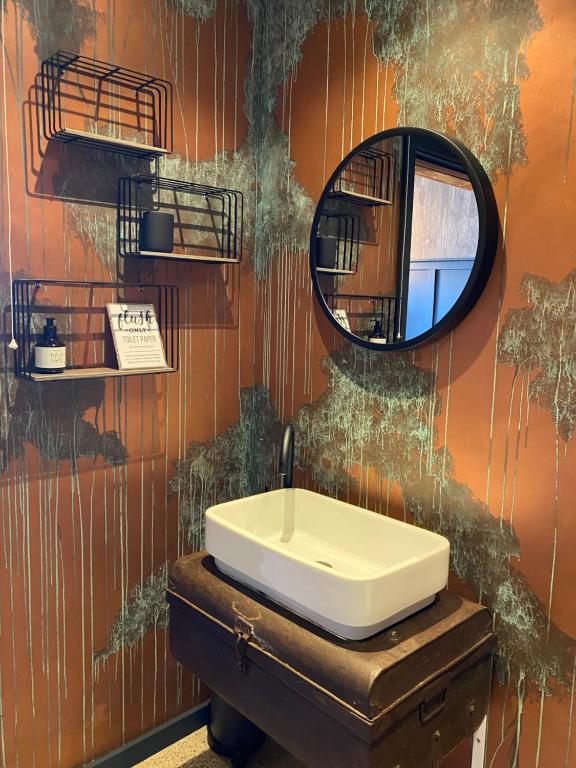 un bagno con lavandino e specchio di The Funky Apartment a Groomsport