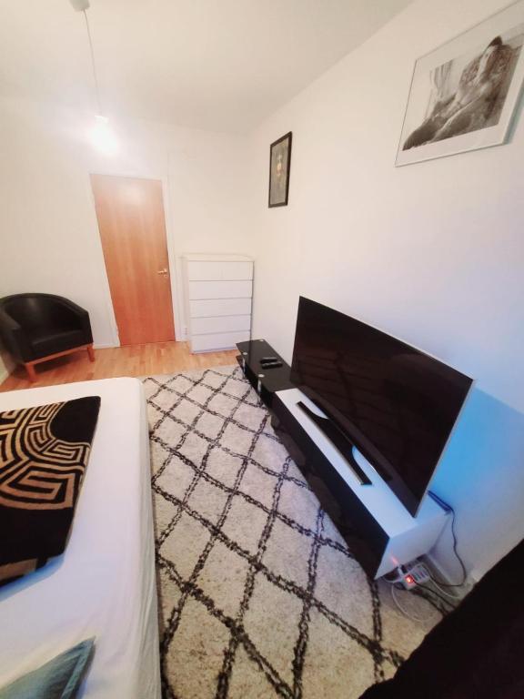 a bedroom with a bed with a tv on it at Ankommen und wohlfühlen in Malmö in Västra Skrävlinge