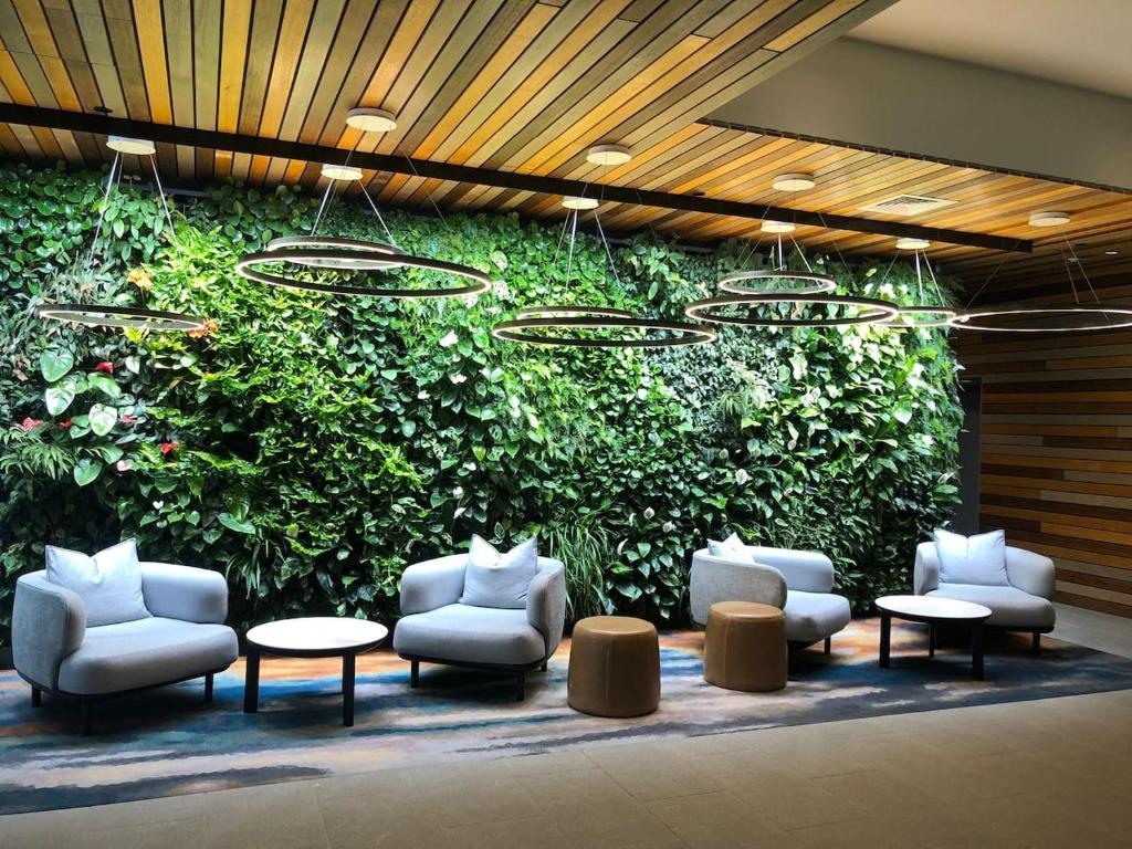 a green wall with chairs and tables in a lobby at Modern APT in Toowong with Mountain View in Brisbane
