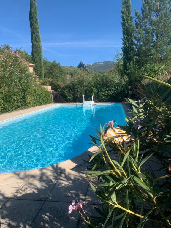 een zwembad in een tuin met bomen bij Les chambres des Baronnies in Buis-les-Baronnies