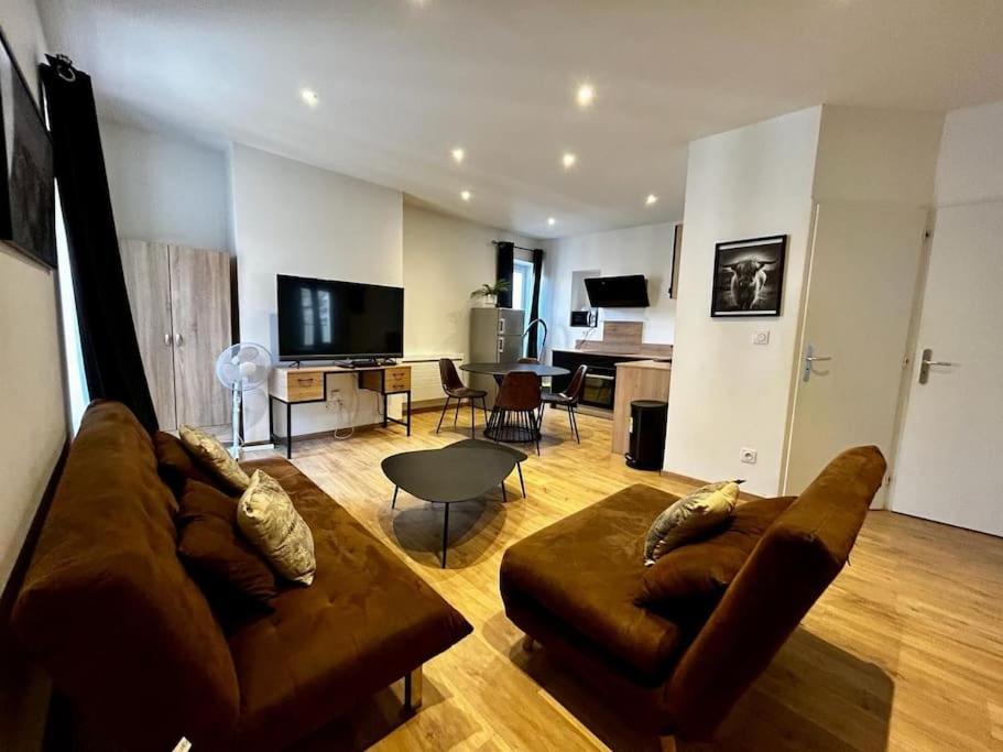 un salon avec un canapé brun et une télévision dans l'établissement Ravissant T3, calme et central, à Valence
