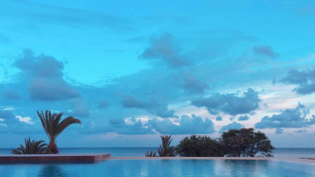 a swimming pool with a palm tree and the ocean at Villa ALKANTARA - 4 Bedroom in Ouled Yaneg