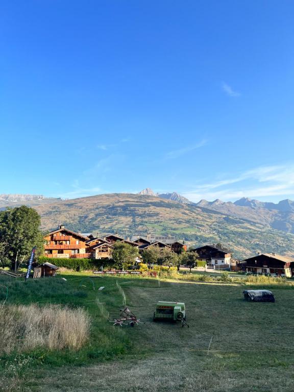 un champ vert avec des maisons et une colline en arrière-plan dans l'établissement Chalet Champagne et Montagne C201, à Montchavin