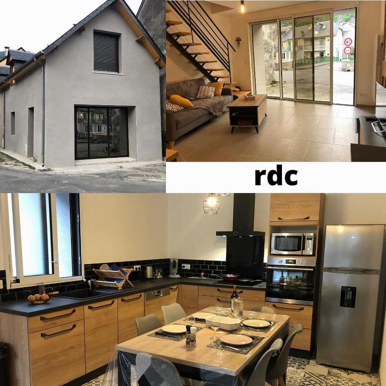 une cuisine et un salon avec une maison dans l'établissement Jolie maison de ville en bord de Neste 8/9 pers, à Sarrancolin