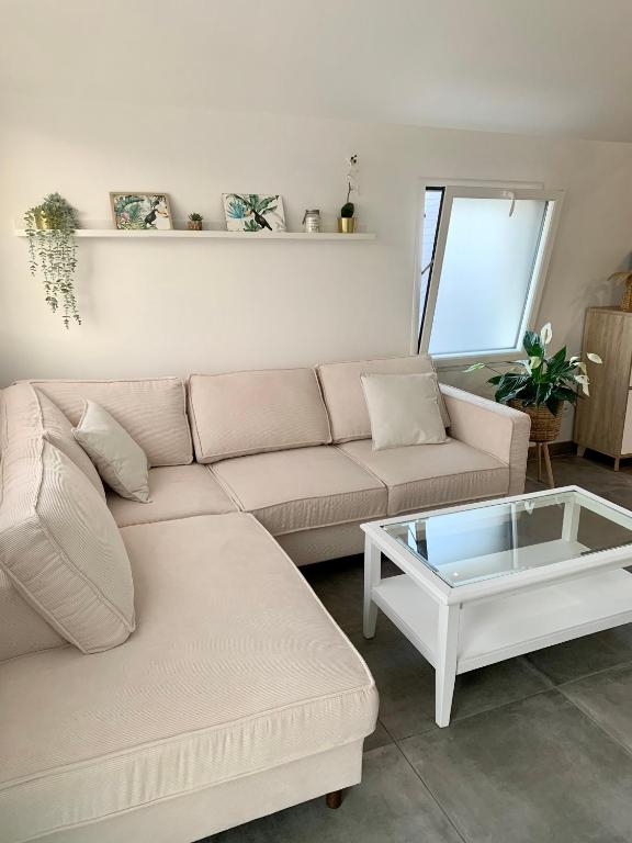 un salon avec un canapé et une table basse dans l'établissement Logement T2 indépendant 10 mn Angers, à Brain-sur-lʼAuthion