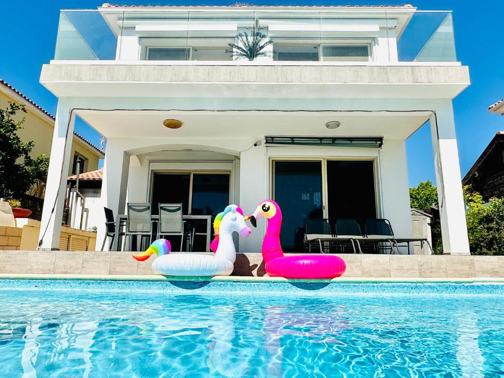 two rubber ducks in a swimming pool in front of a house at Luxury Villa LAPIS LAZULI in Meneou