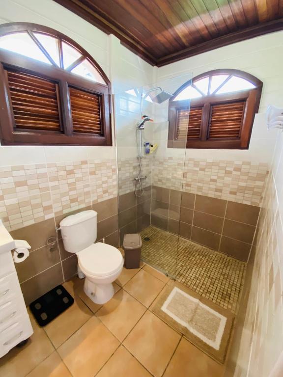 e bagno con servizi igienici e doccia. di Villa Créole vue exceptionnelle Perle des Hauteurs a Le Carbet