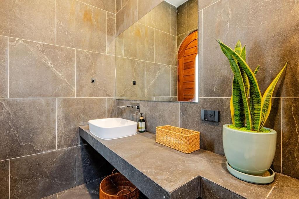ein Badezimmer mit einem Waschbecken und einer Pflanze auf einer Theke in der Unterkunft Sitaya Beachfront Villas, Koh Phangan in Ko Phangan