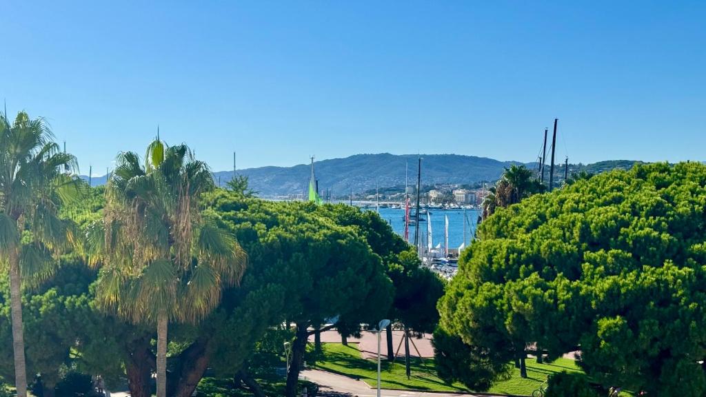 - une vue sur un parc avec des palmiers et un port dans l'établissement Appartement lumineux de 120m2 - Palm Beach, à Cannes