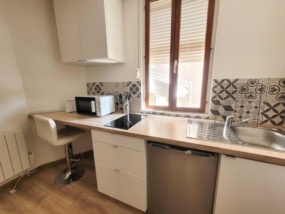 La cuisine est équipée d'un comptoir, d'un évier et d'un four micro-ondes. dans l'établissement Le Wagner Proche Gare, à Nancy