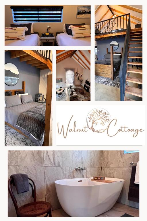 a collage of photos of a bedroom and a bathroom at Walnut Cottage in Clarens