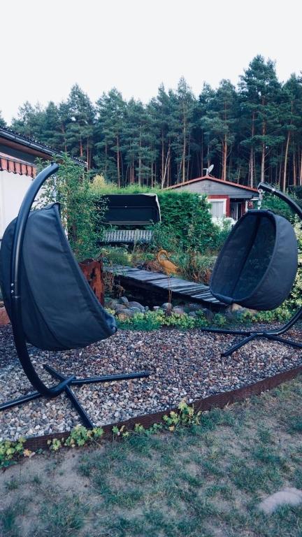 a yard with a swing set in the grass at Fewo Rudow in Leuengarten