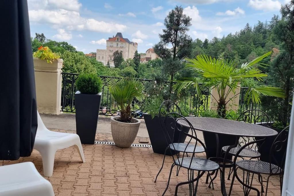 un patio avec une table, des chaises et des plantes en pot dans l'établissement Appt vue parc, avec terrasse, à Châtel-Guyon
