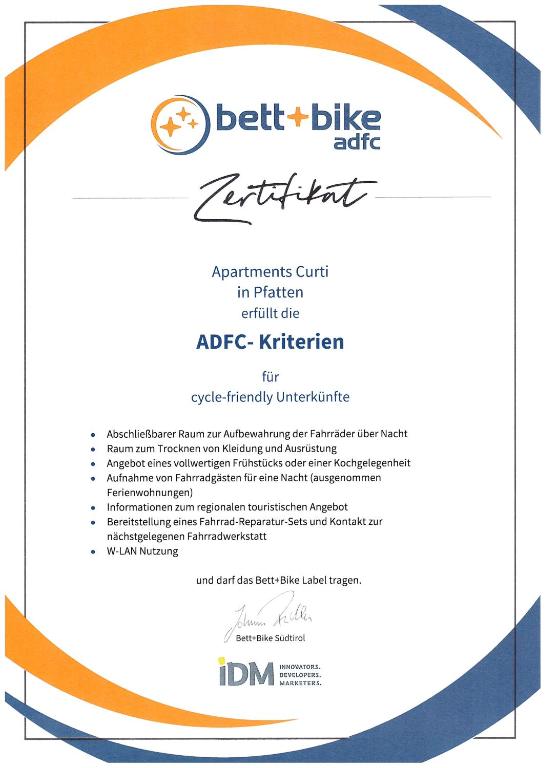 Certifikát, hodnocení, plakát nebo jiný dokument vystavený v ubytování Apartments Curti - Himmelblau