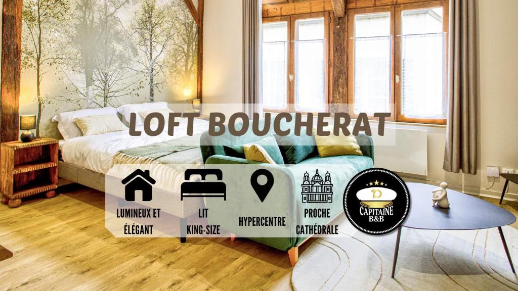 une chambre avec un lit avec beaucoup de signes dessus dans l'établissement Le Loft Boucherat - Hypercentre - 2 pers, à Troyes