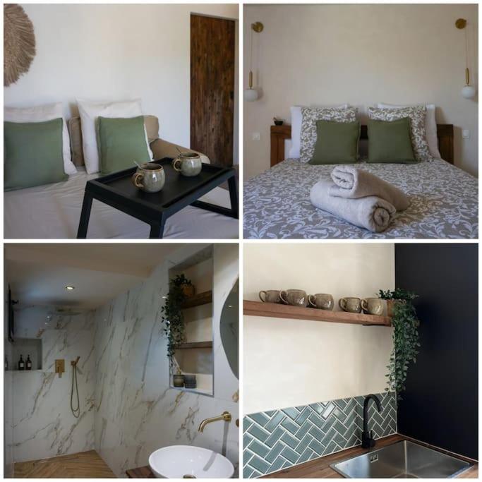 Quatre photos d'une chambre avec un lit et un lavabo dans l'établissement Appartement RDC en Bas de Villa avec Chambre, à Le Val