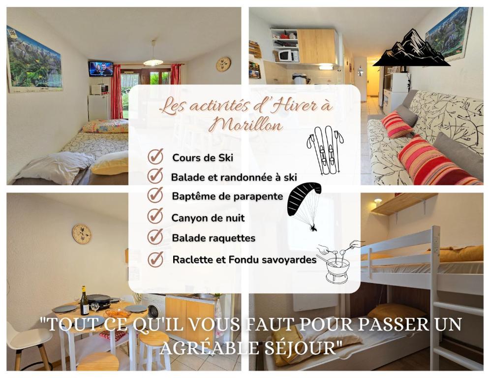 un collage de fotos de un dormitorio con una señal en Le Hameau des Neiges, en Morillon