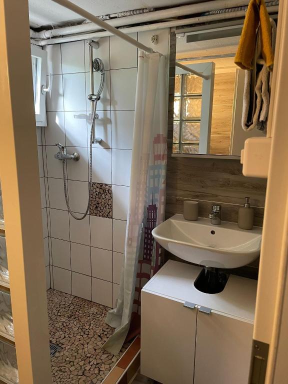 Koupelna v ubytování Appartement 1 pièce entresol 30 m2 proche du centre et bain thermal