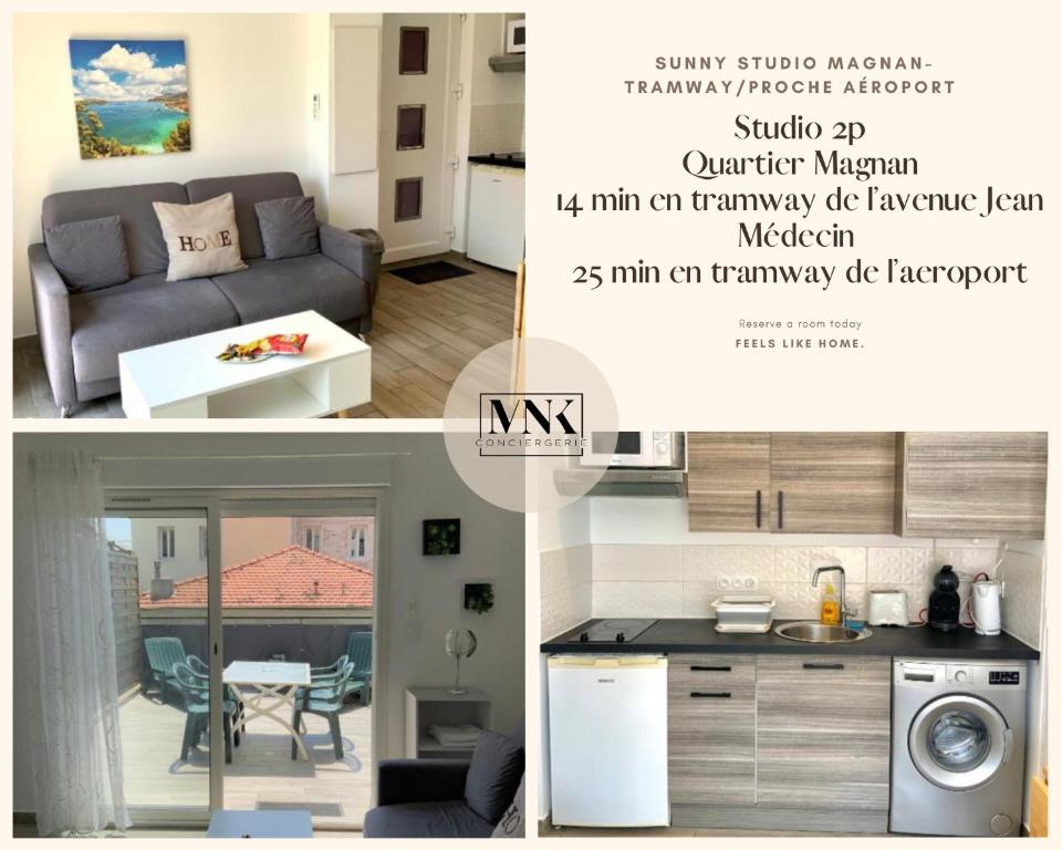 un collage de photos d'une cuisine et d'un salon dans l'établissement Sunny studio - Magnan, Tramway-Proche aéroport, à Nice