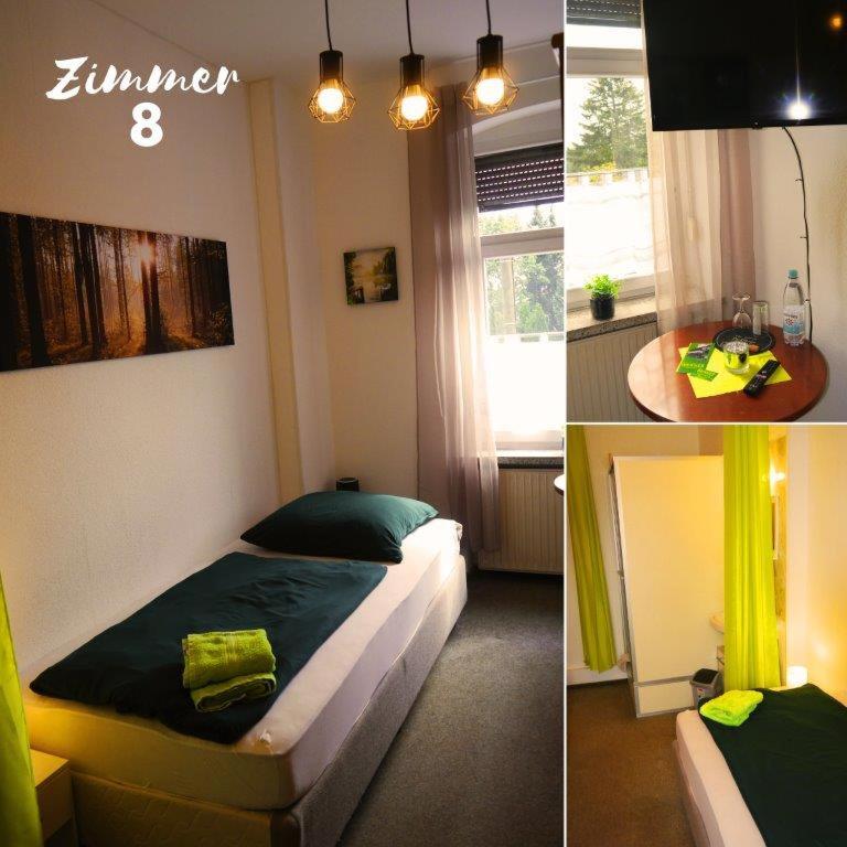 two pictures of a bedroom with a bed in it at Pension Werner in Reichenbach im Vogtland