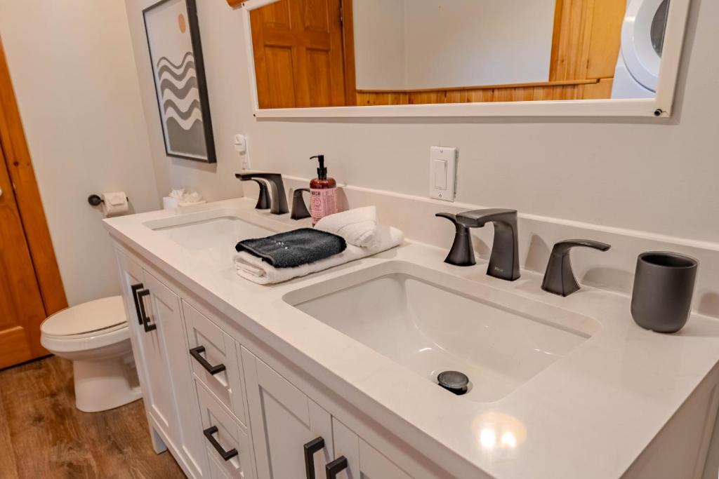 a bathroom with a sink and a toilet at Creekside Hideaway -Oak Bay, NB in Oak Haven