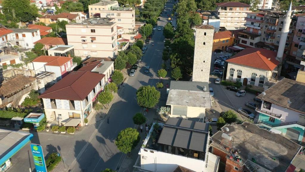 an aerial view of a city with buildings at Vila Franko in Berat