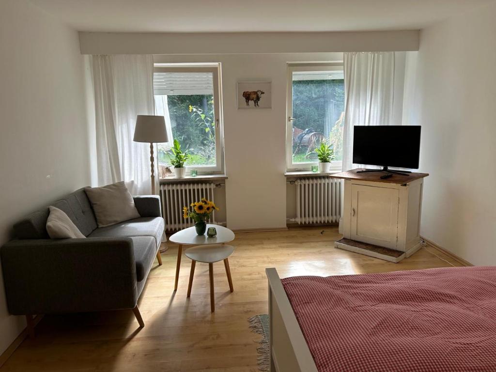 a living room with a couch and a tv at Wohnung mit Terrasse am Waldrand in Starnberg