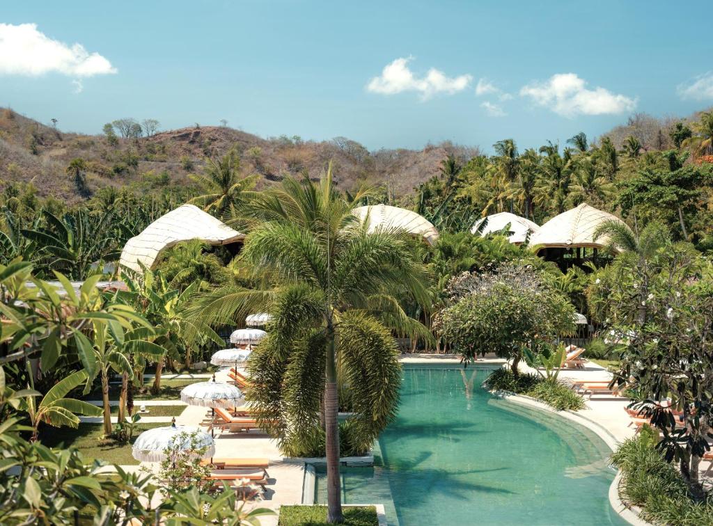 een resortzwembad met parasols en een palmboom bij Origin Lombok in Kuta Lombok