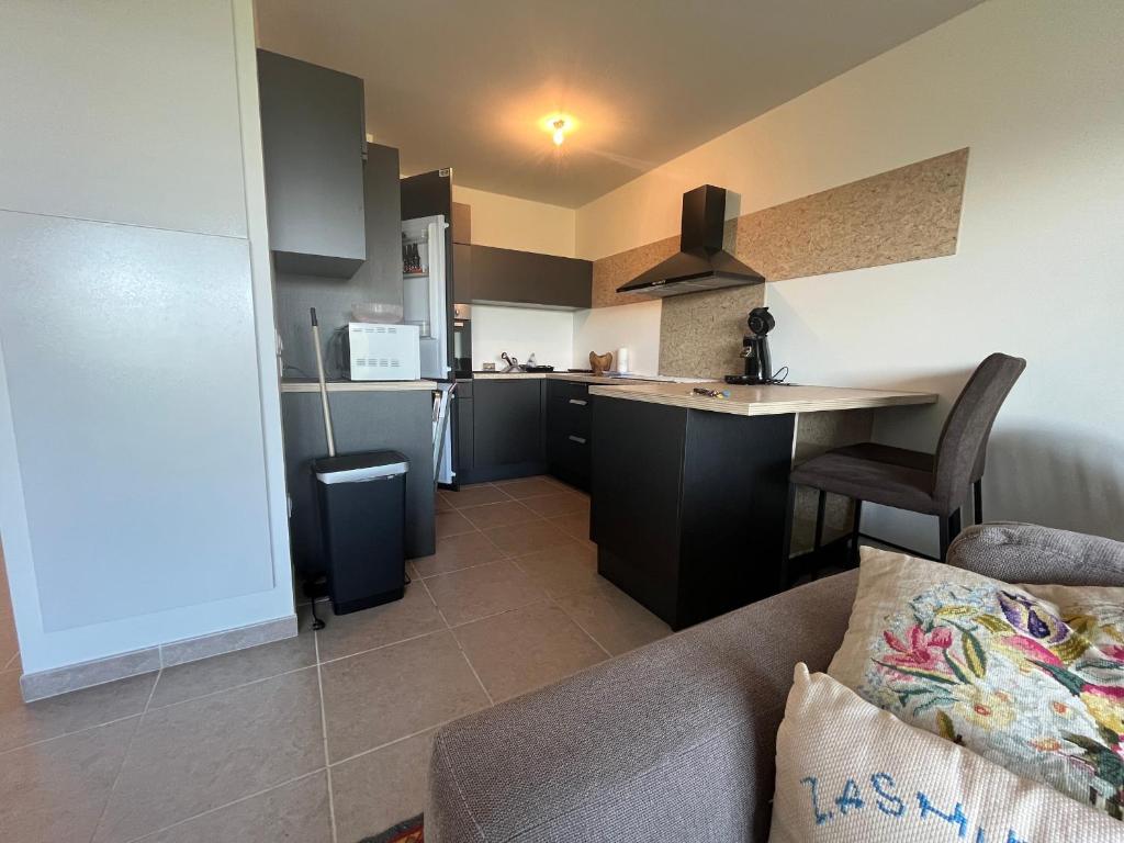 un salon avec un canapé et une cuisine dans l'établissement Appartement cosy avec jardin et parking à Évian - FR-1-498-105, à Évian-les-Bains
