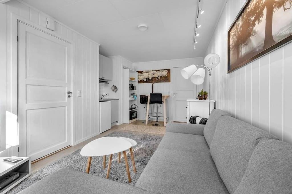 Una sala de estar con un sofá gris y una mesa. en Cozy apartment close to city, en Hjorten