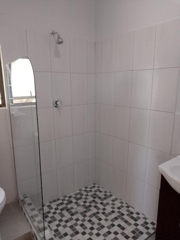 a bathroom with a shower with a glass door at Fisherhaven Guest House in Hermanus