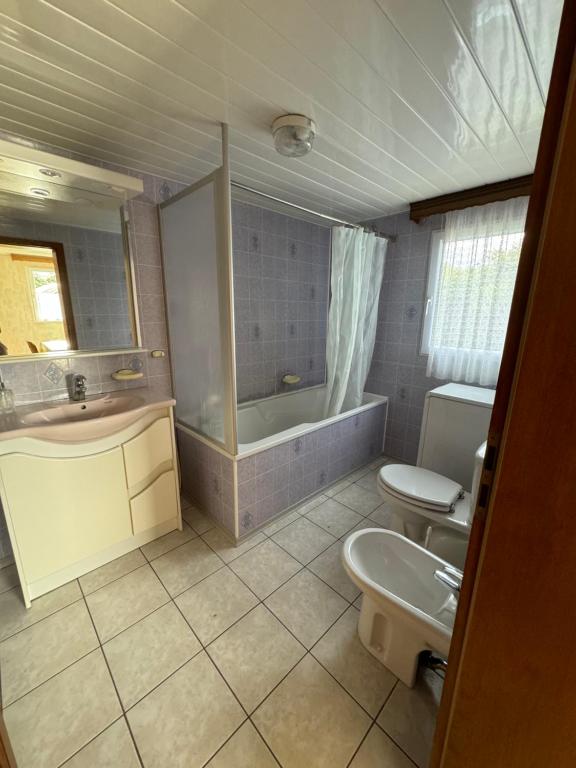 une salle de bain avec une baignoire, des toilettes et un lavabo dans l'établissement Chez Nath, à Roggenhouse