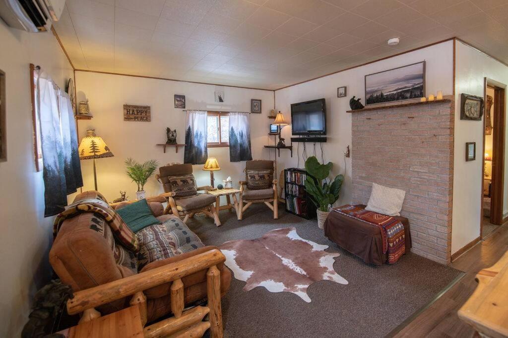 a living room with a couch and a fireplace at Black bear cabin with blow up hot tub in Necedah