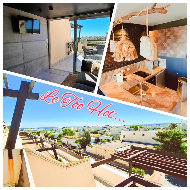 un collage d’images d’un bâtiment avec une croix dans l'établissement Village naturiste Cap d'Agde le Too Hot Coursives, au Cap d'Agde